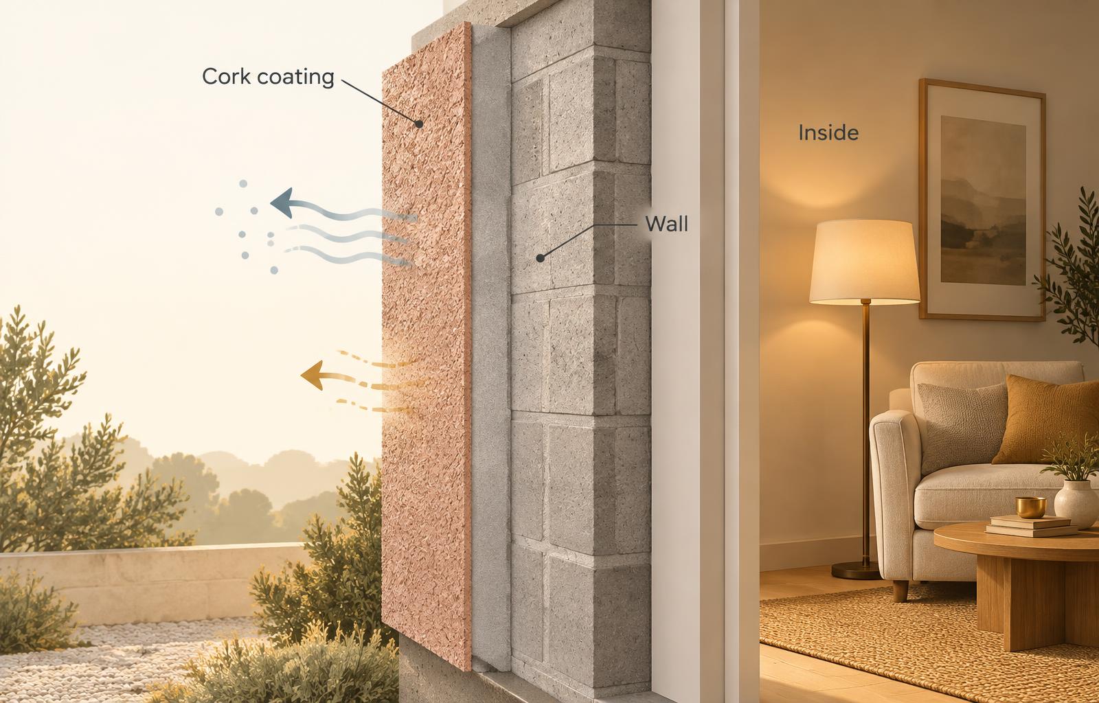 Illustration of an external cork coating on a masonry wall, with arrows showing reduced heat transfer and water vapour escaping, and a comfortable room inside